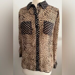 INC International Concept Leopard Polkadot Print Button-Up Sheer Blouse Size XS